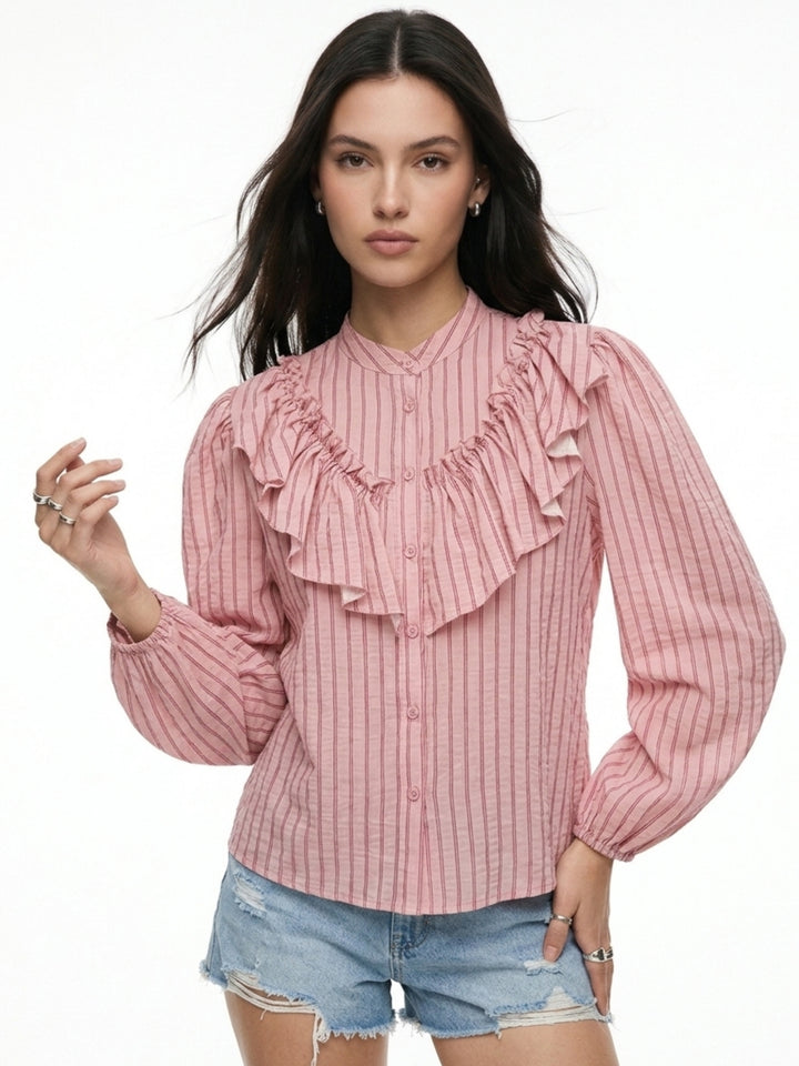 Pink Ruffle Detail Striped Shirt