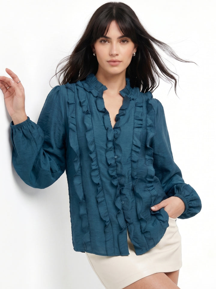 Teal Soft Ruffle Front Button Down Shirt