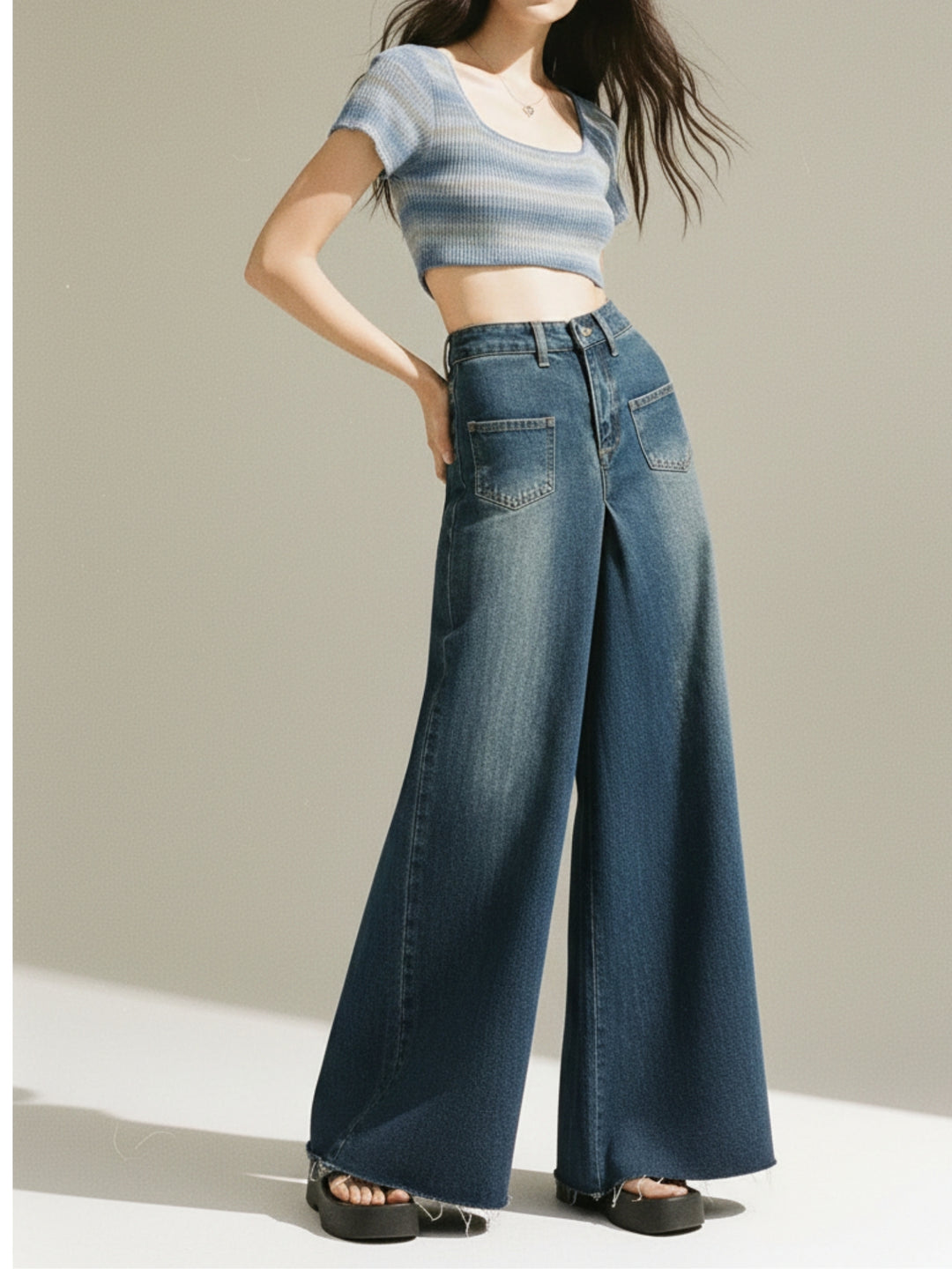 Blue Wide Leg Rought Hem Jeans