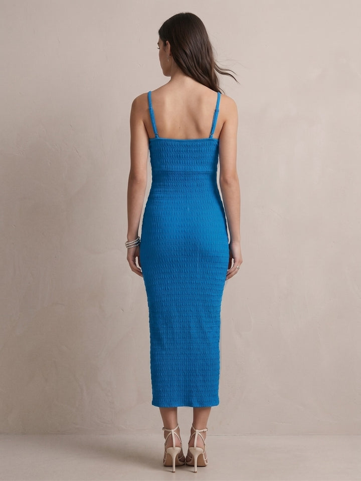 Blue Spaghetti Solid Bodycon Dress