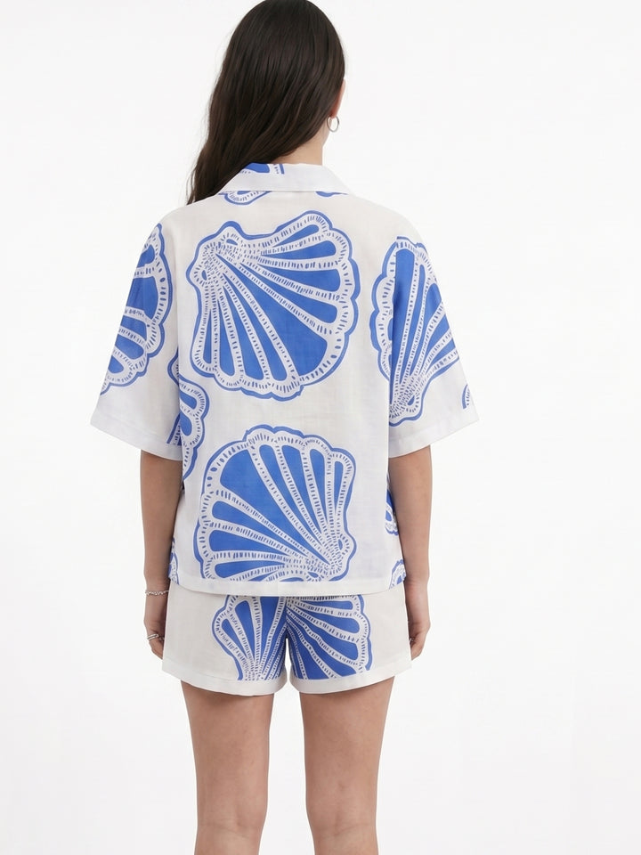 Blue Short Sleeve Printed Shirt And Short Set