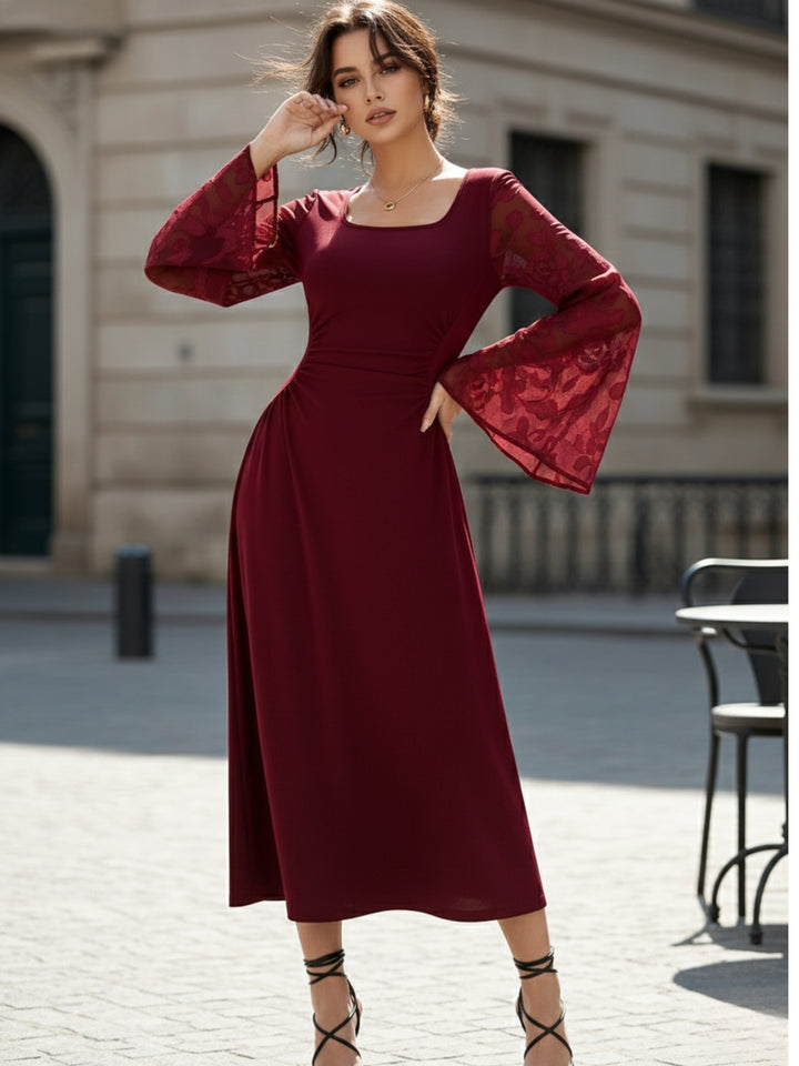 Maroon Bell Sleeve Scoop Neck Lace Detail Dress
