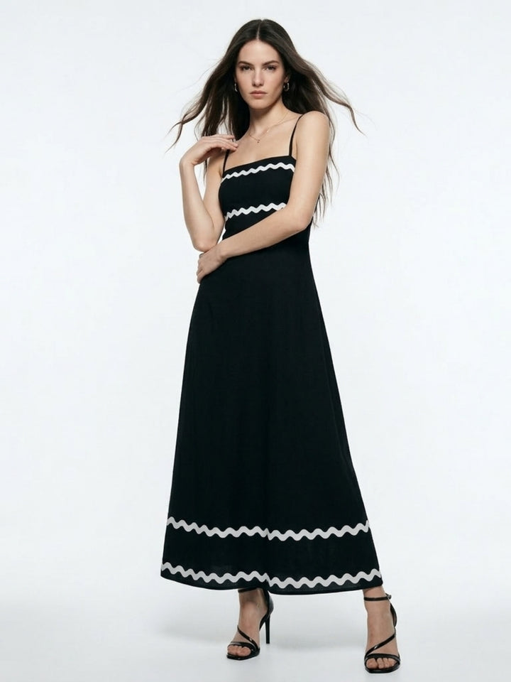 Black Noodle Strap Contrast Patterned Dress