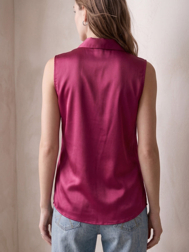 Wine Sleeveless Button Down Satin Shirt