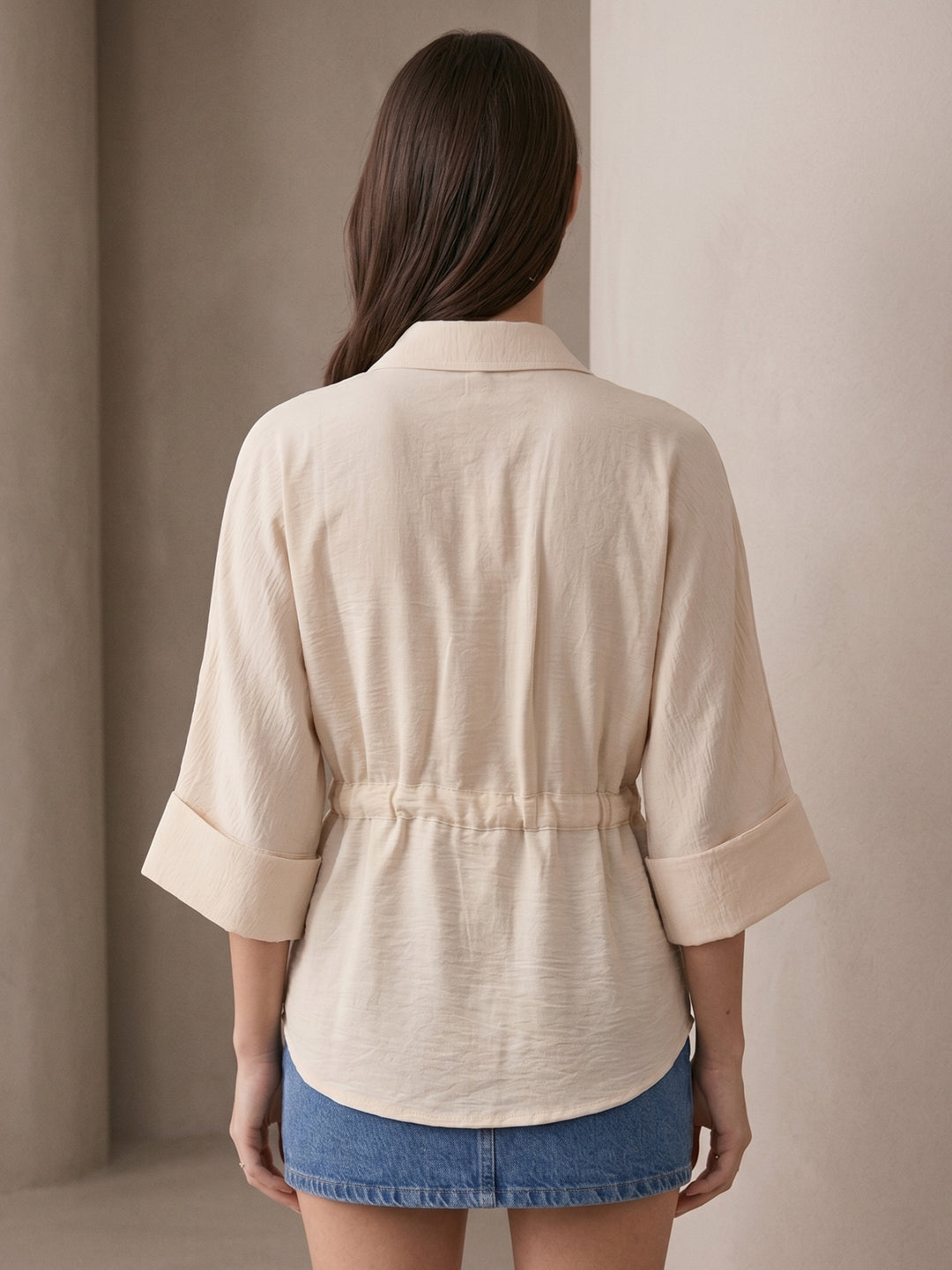 Off White Drawstring Waist Button Down Top