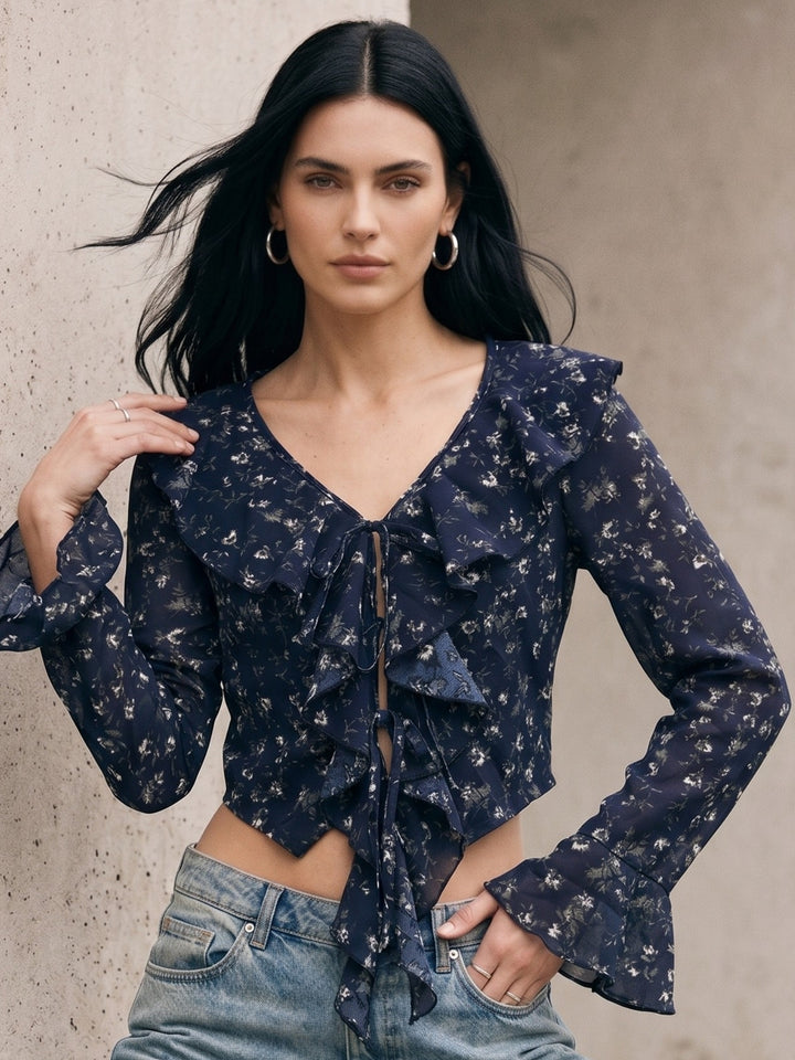 Navy Blue Printed Ruffled Neck Blouse
