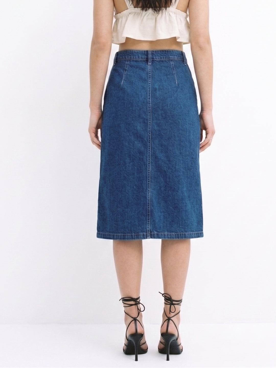 Blue Button Up Thigh High Slit Denim Skirt