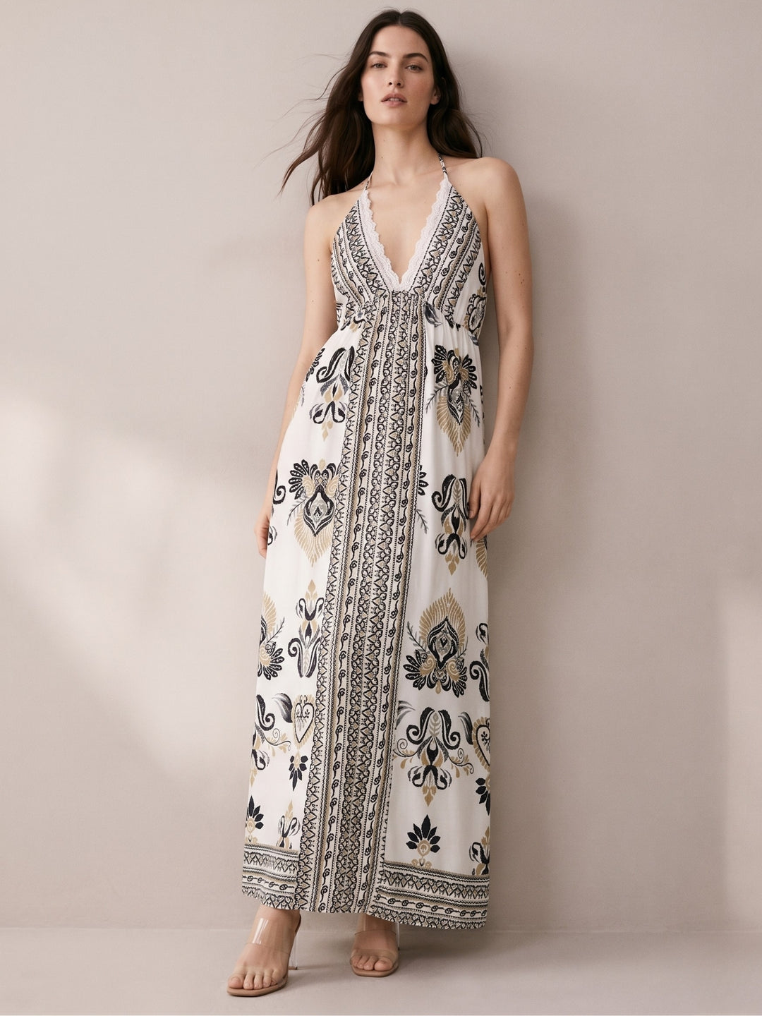 Off White Halter Neck V-Neck Printed Dress