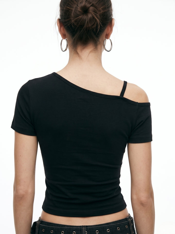 Black Cold Shoulder One Side Strappy Fitted Graphic T-Shirt