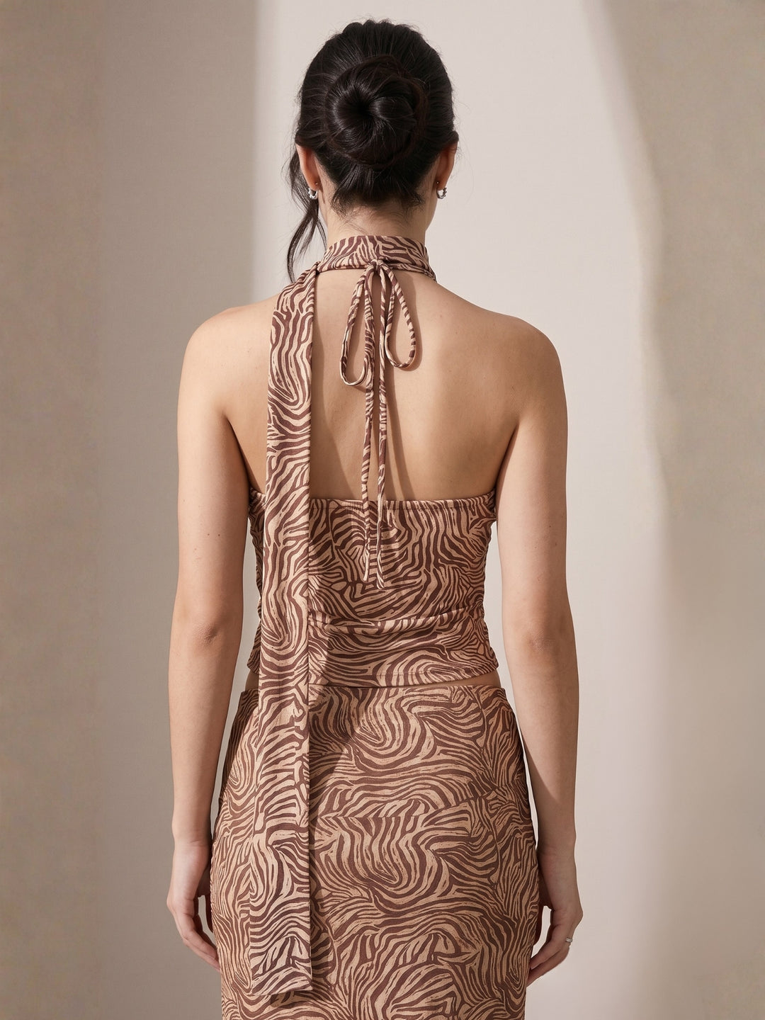 Animal Print Cowl Neck Scarf Detail Top