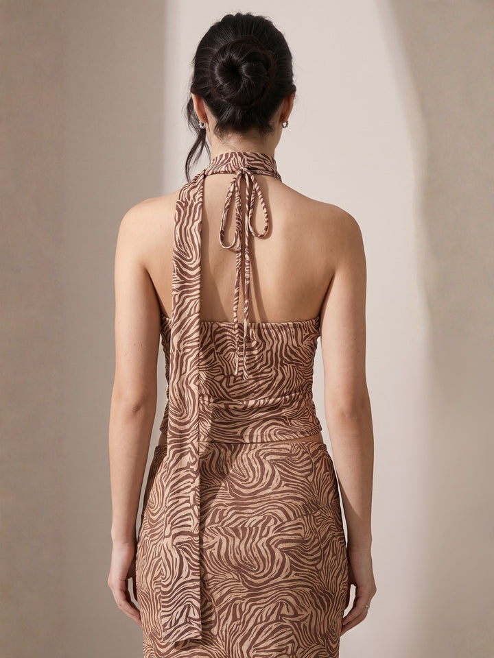Animal Print Cowl Neck Scarf Detail Top