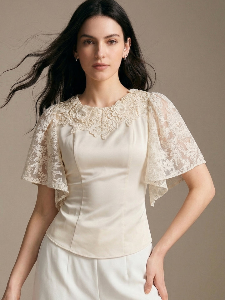 Beige Flare Textured Sleeve Top