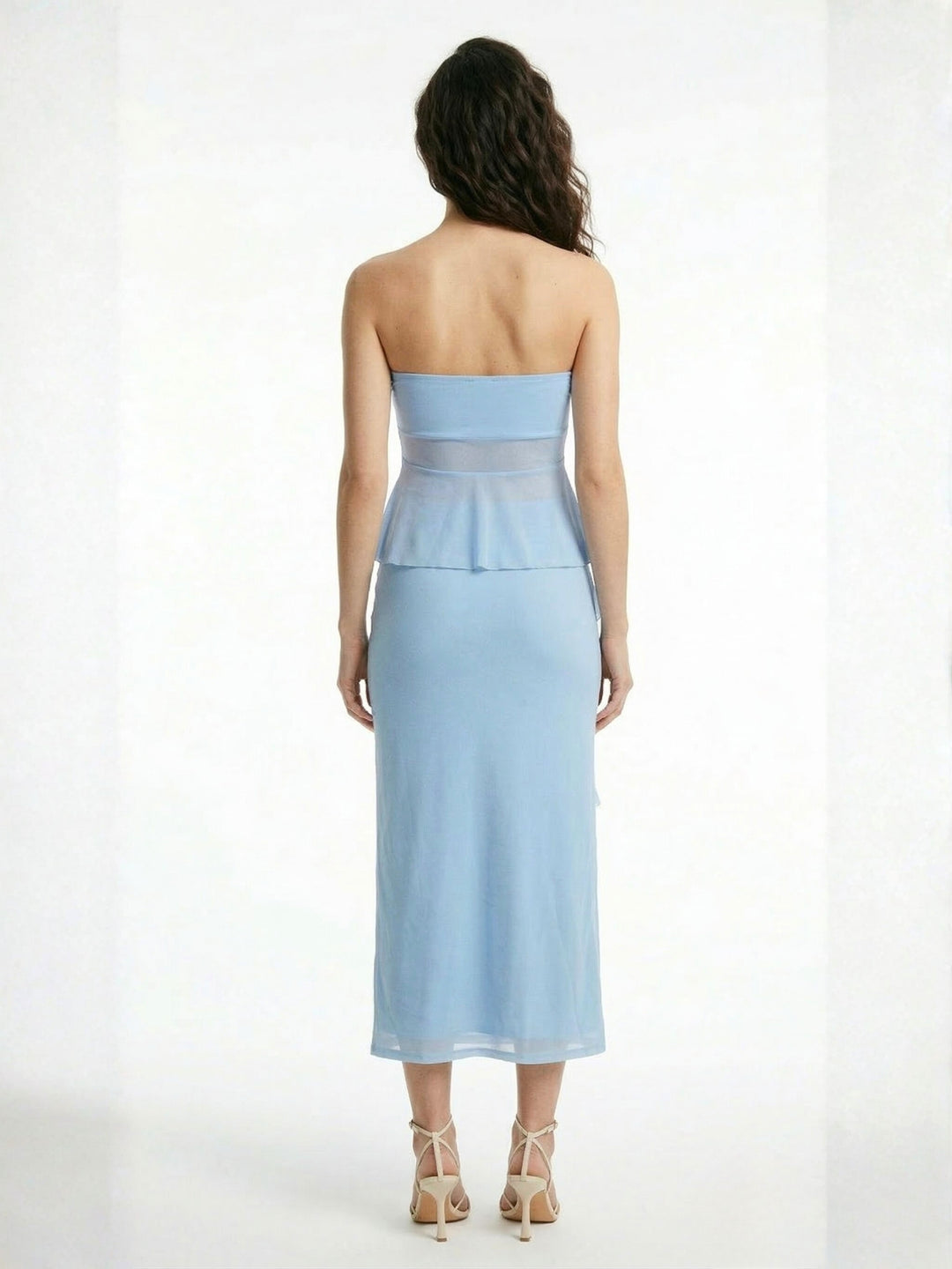 Blue Strapless Ruffled Top With Skirt Co-Ord Set