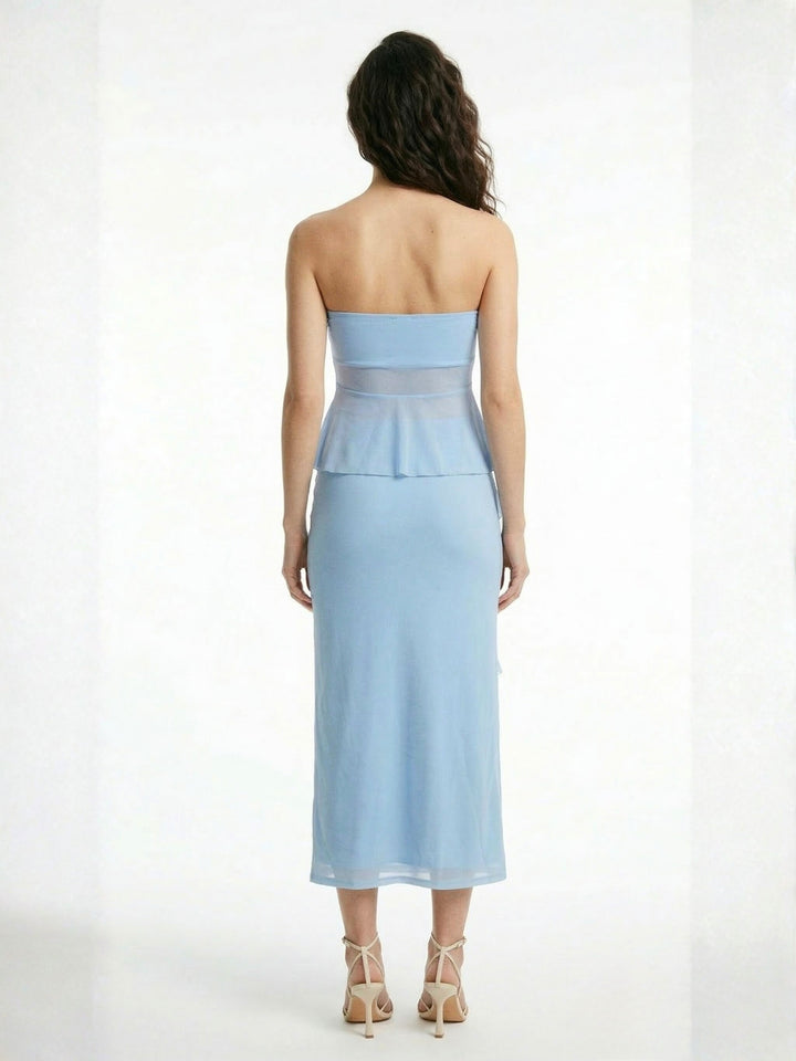 Blue Strapless Ruffled Top With Skirt Co-Ord Set