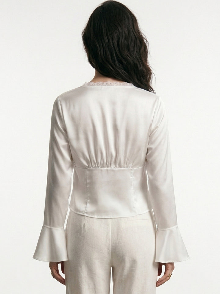 White Bell Sleeves Front Tie-Up Lace Top