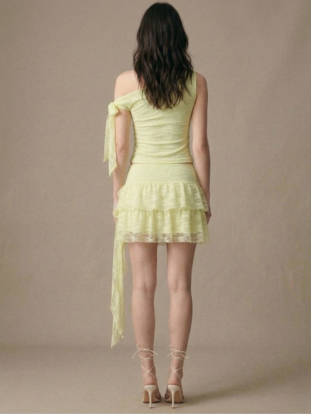 Yellow Lace Asymmetric Top And Layered Skirt Co-Ord Set
