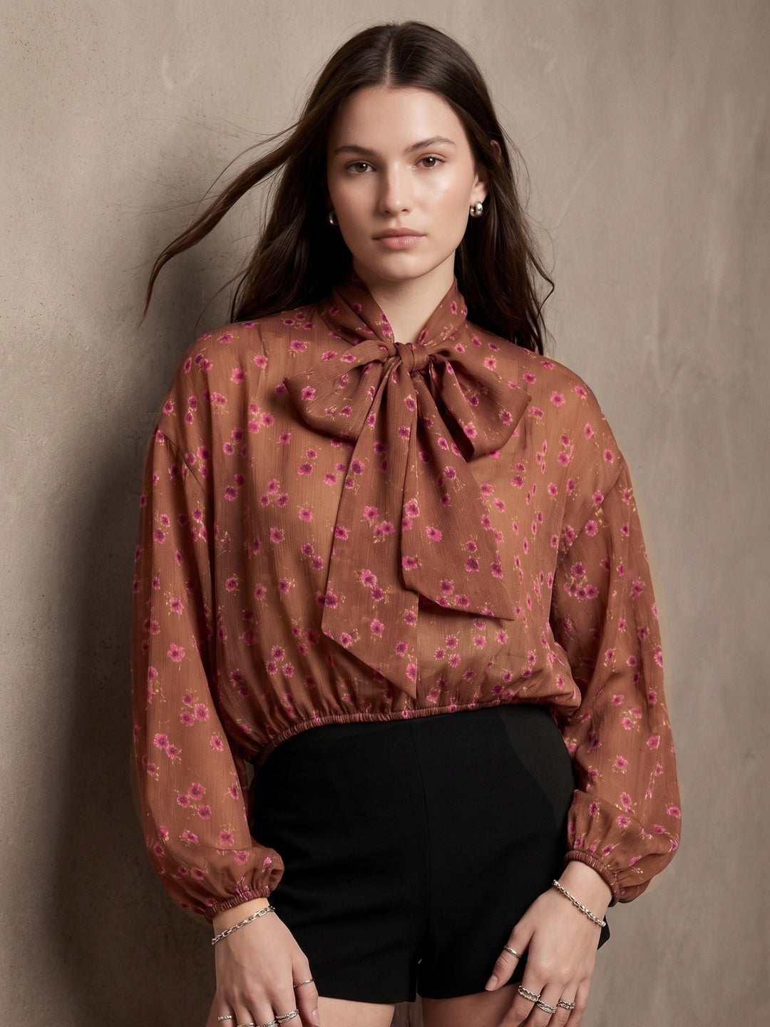 Rust Asymmetrical Hem Neck Tie-Up Top