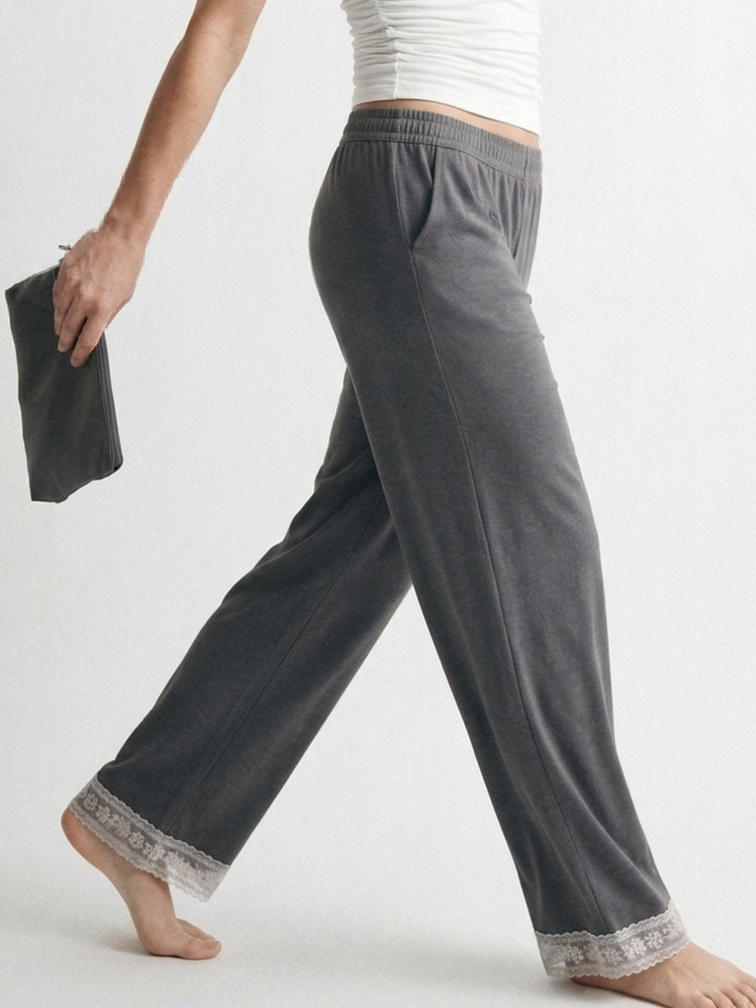 Grey High Waist Lace Hem Pant