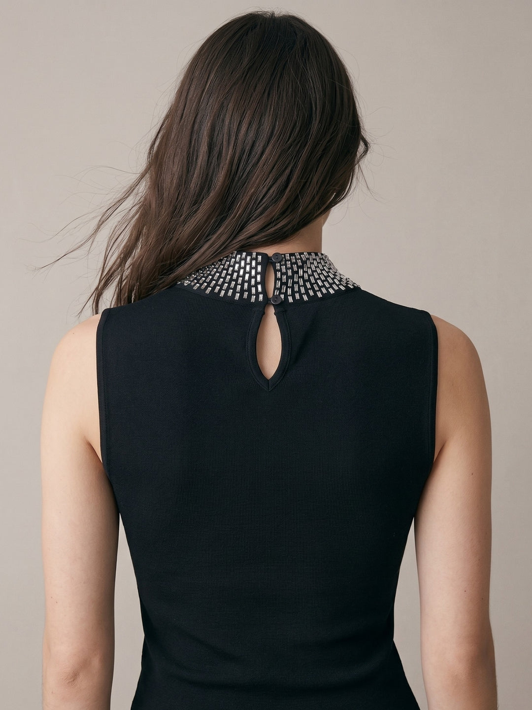 Black Cut Out Tank With Embellished High Neck