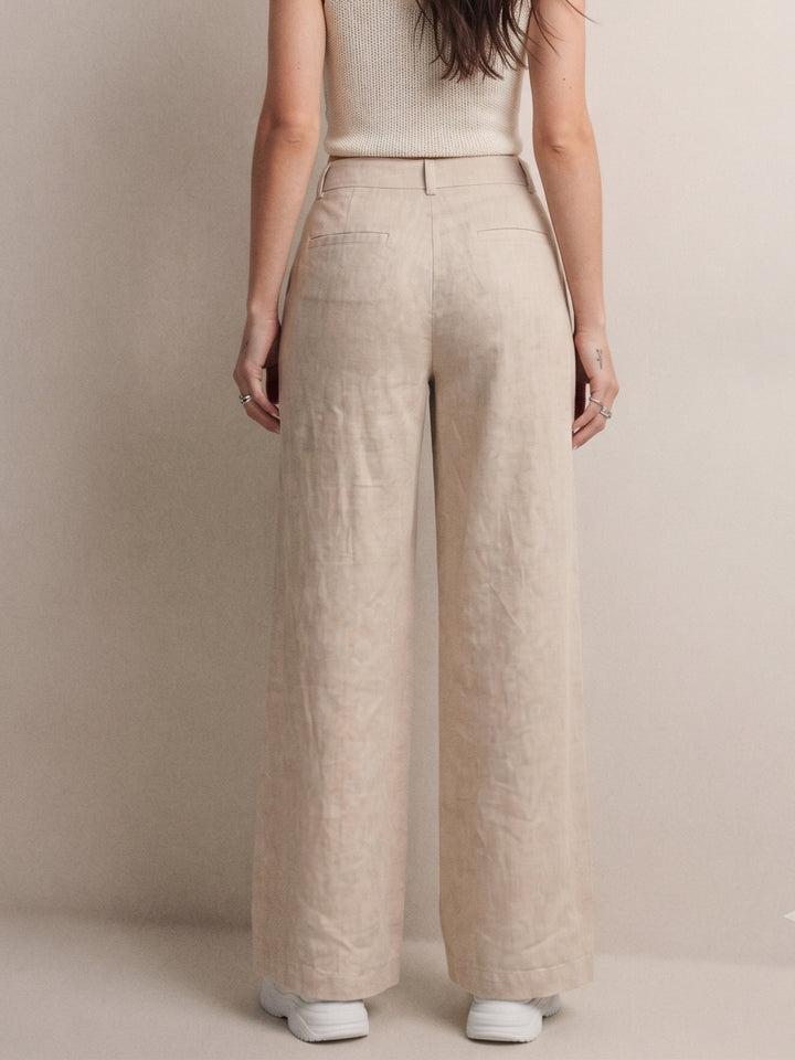 Beige Front Pleated Wide Leg Trouser