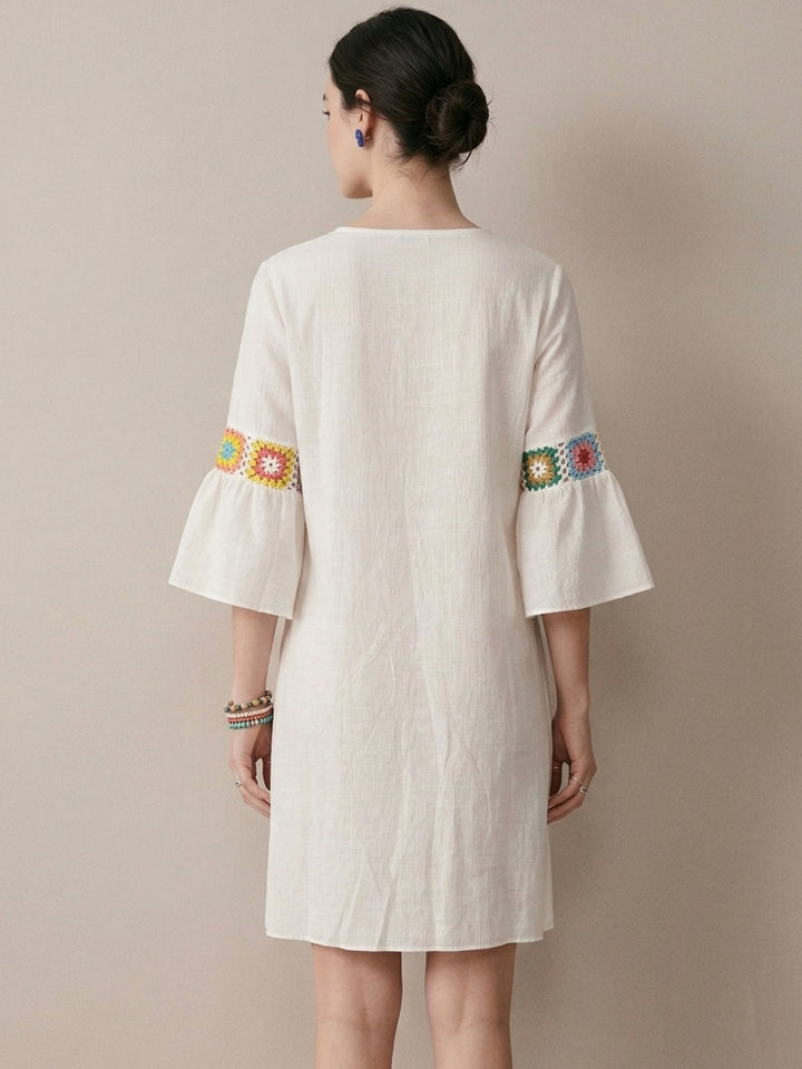 White Crochet V Neck Detail Dress