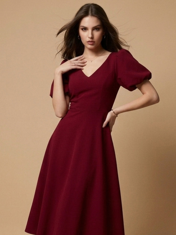 Red V Neck Flared Sleeve Dress