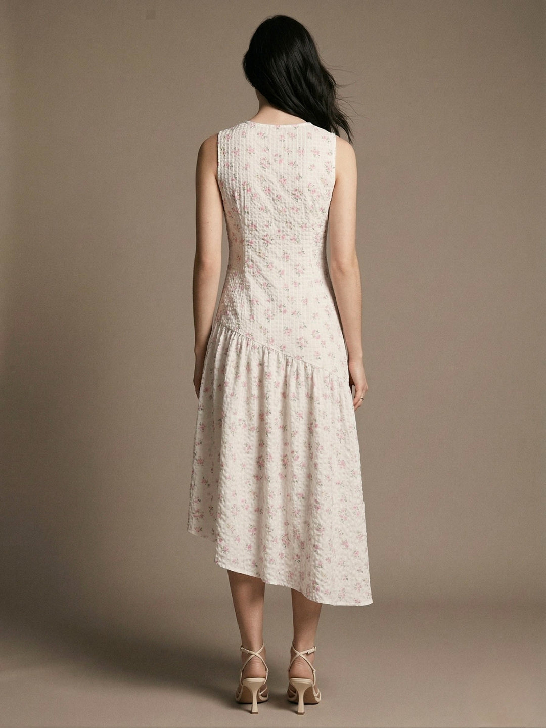 Off White Sleeveless Asymmetrical Midi Dress