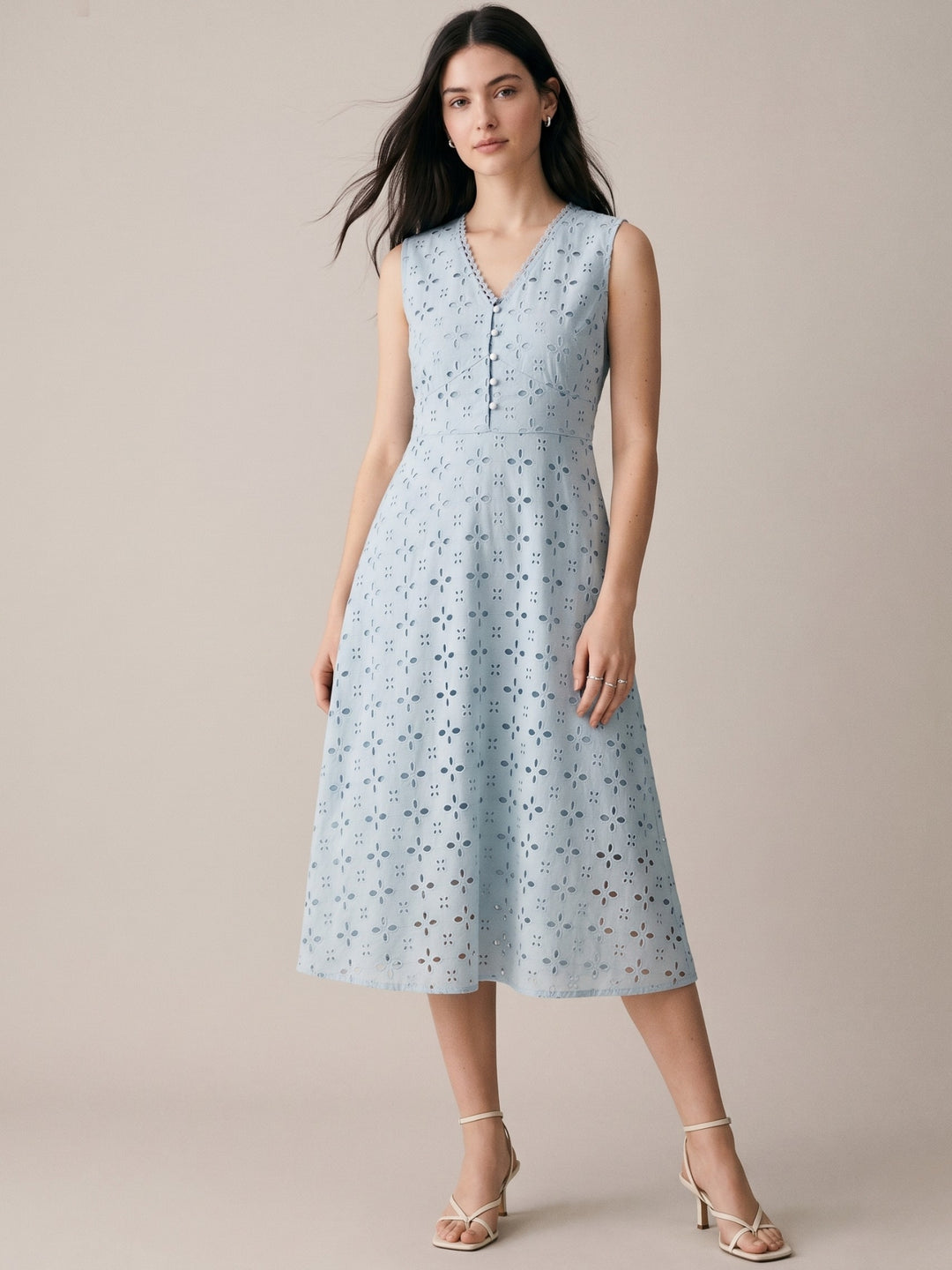 Blue Schiffli Embroidered Midi Dress With Lace Detail