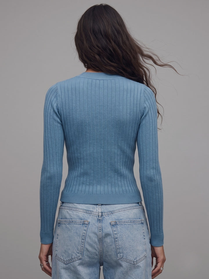 Blue Full Sleeve Crew Neck Buttoned Top