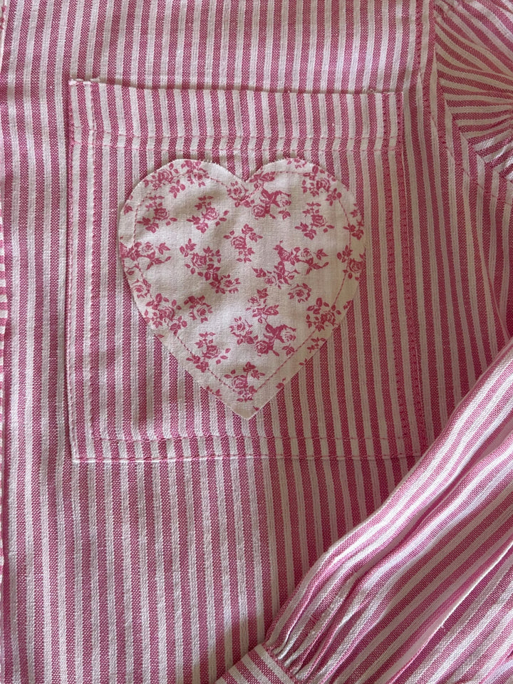 Pink Stripe Heart Appliqued Causal Shirt