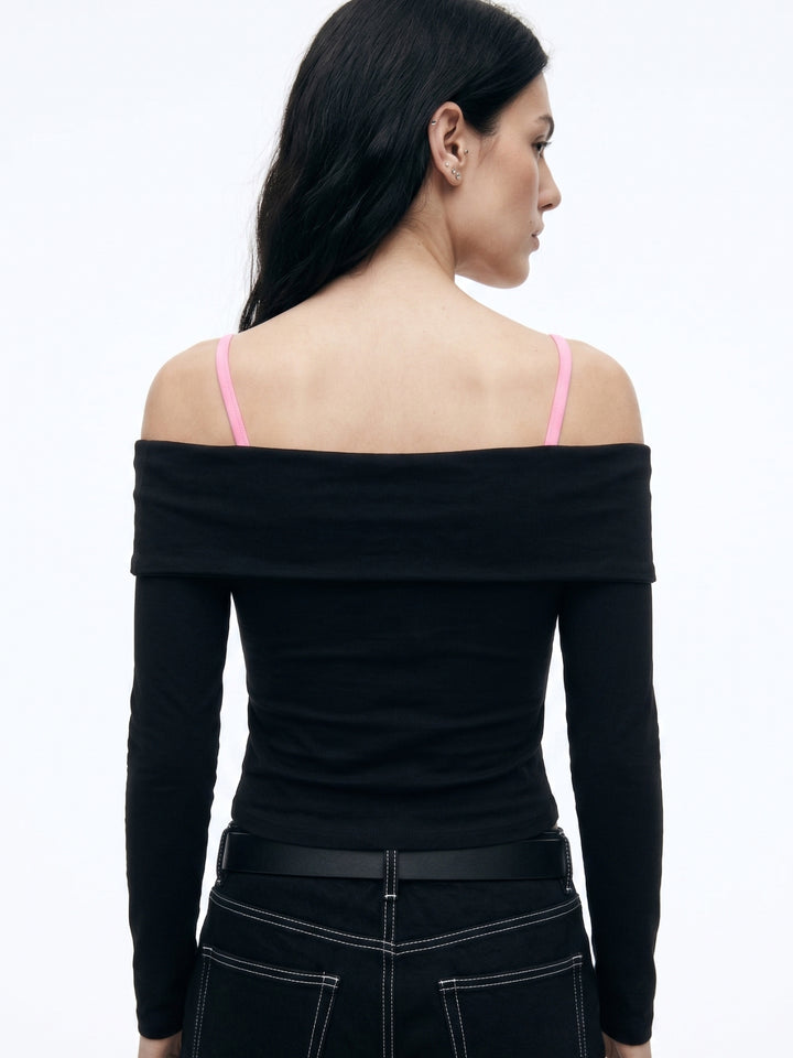 Black Wrap Neck Off-Shoulder Graphic Printed T-Shirt With Contrast Straps