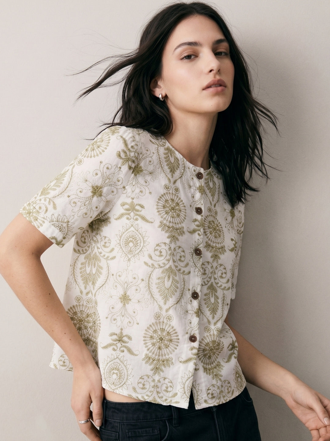 White Button Down Embroidered Blouse