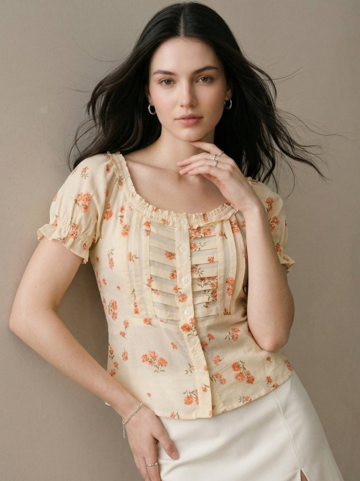 Butter Yellow Printed Square Neck Pleated Puff Sleeves Blouse