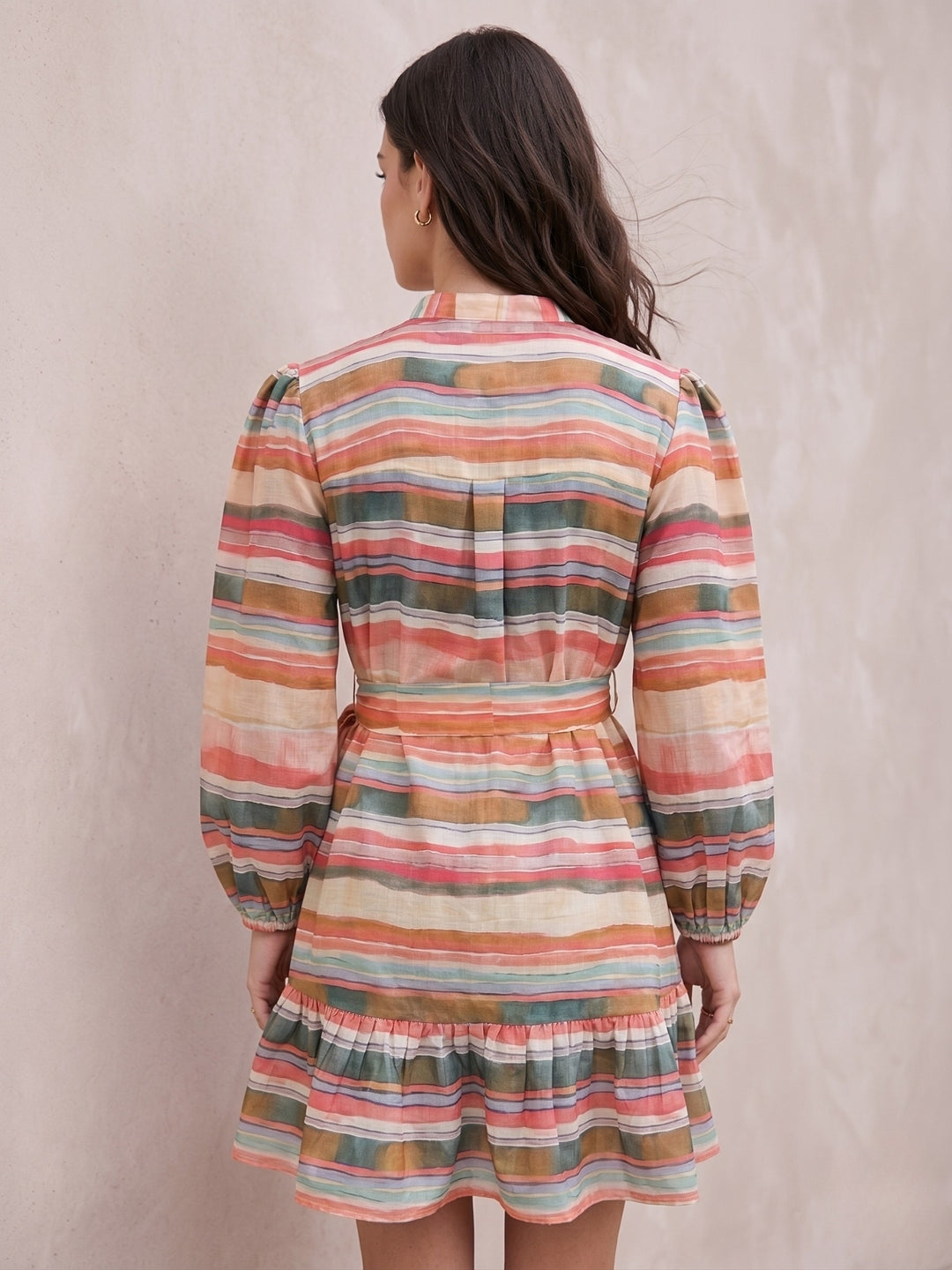 Pink Knee Length Printed Dress With Embellished Buttons Details