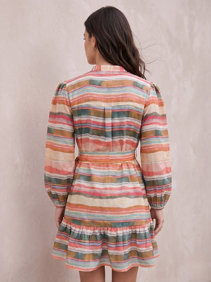 Pink Knee Length Printed Dress With Embellished Buttons Details