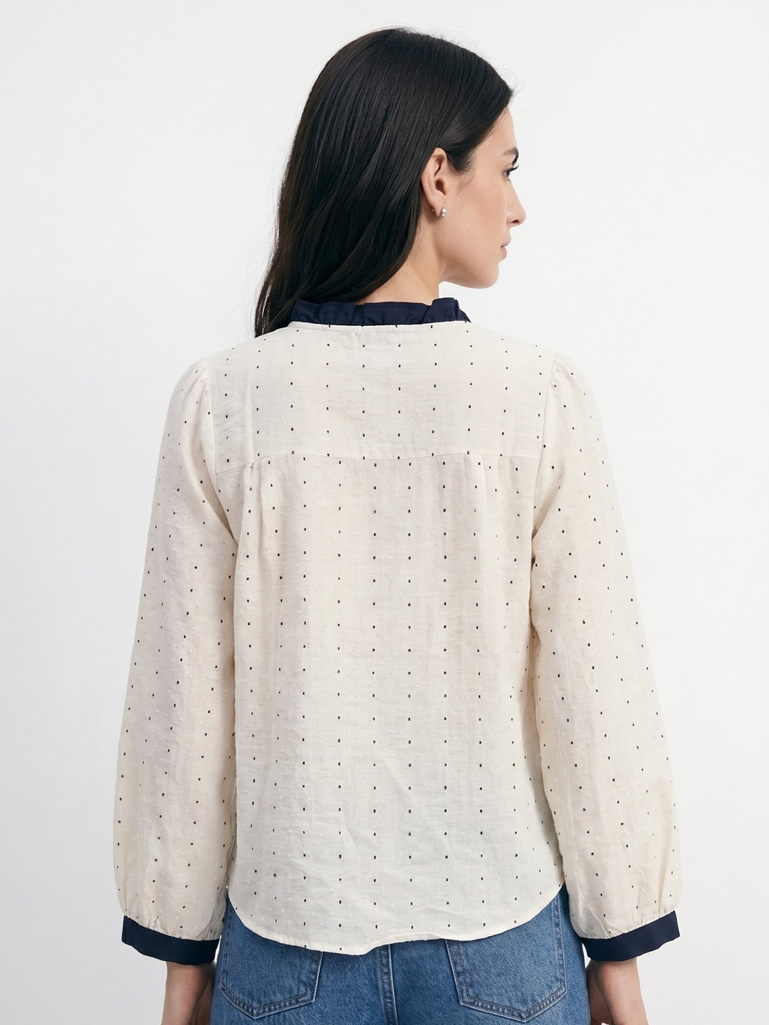 White Polka Printed Button Down Top With Contrast Binding