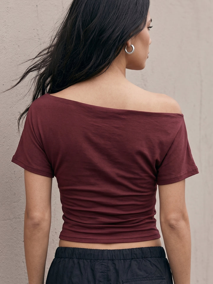 Brown Off-Shoulder Fitted Top With Gladiator Tie Up Detail
