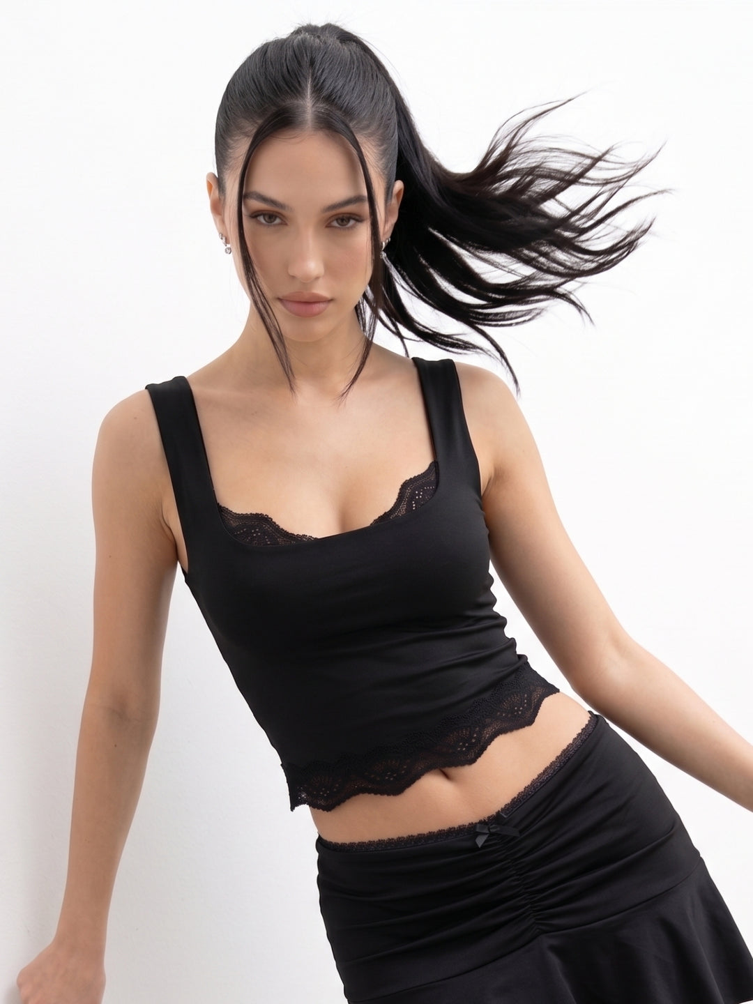 Black Lace Detail Fitted Tank