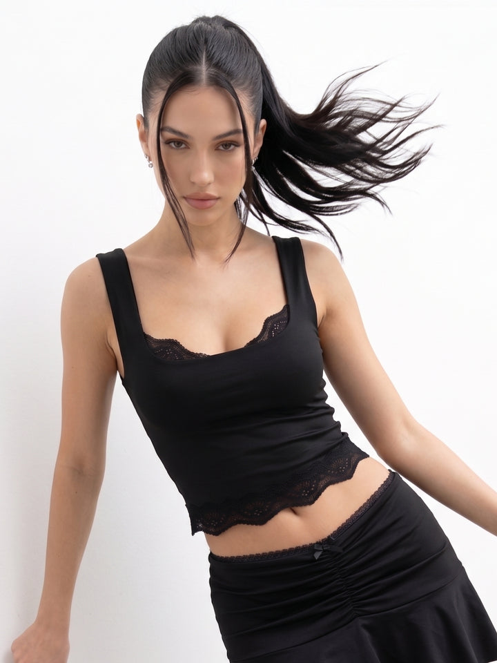 Black Lace Detail Fitted Tank