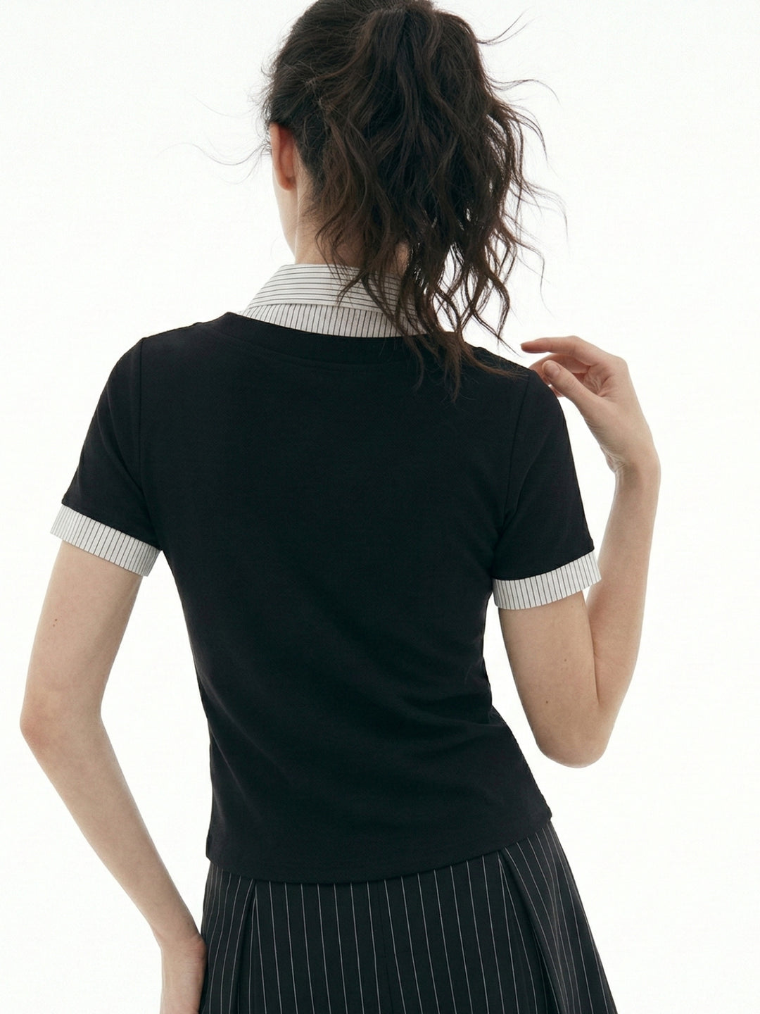White Short Sleeve Contrast Collar Fitted Top
