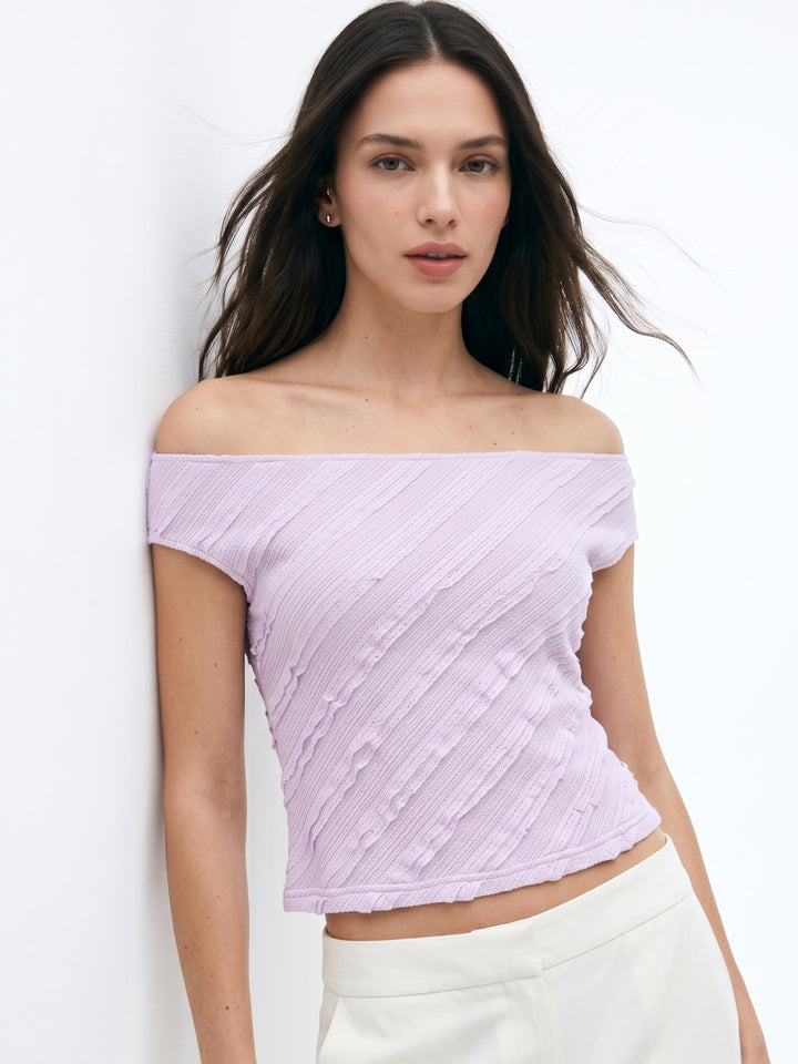Lavender Off Shoulder Frill Textured Top