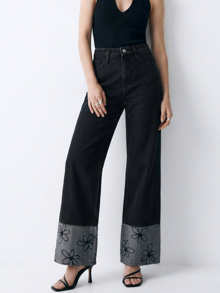 Black Dark Wash Printed Cuff Straight Fit Jeans