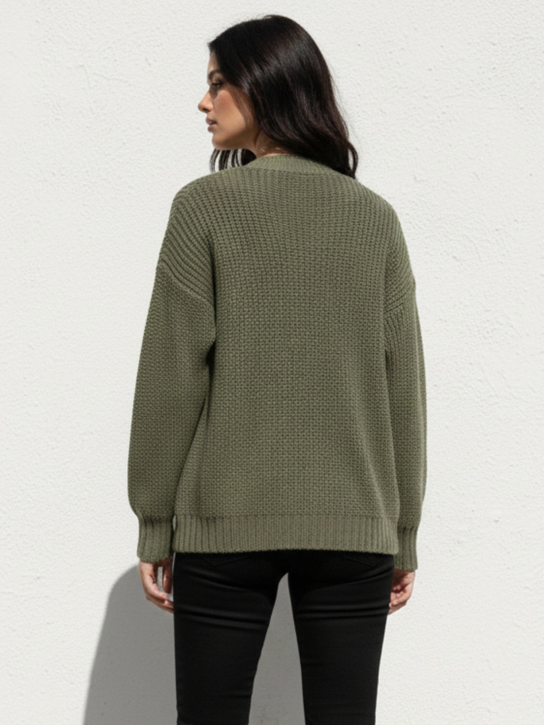 Olive Full Sleeve Double Pockets Slouchy Cardigans