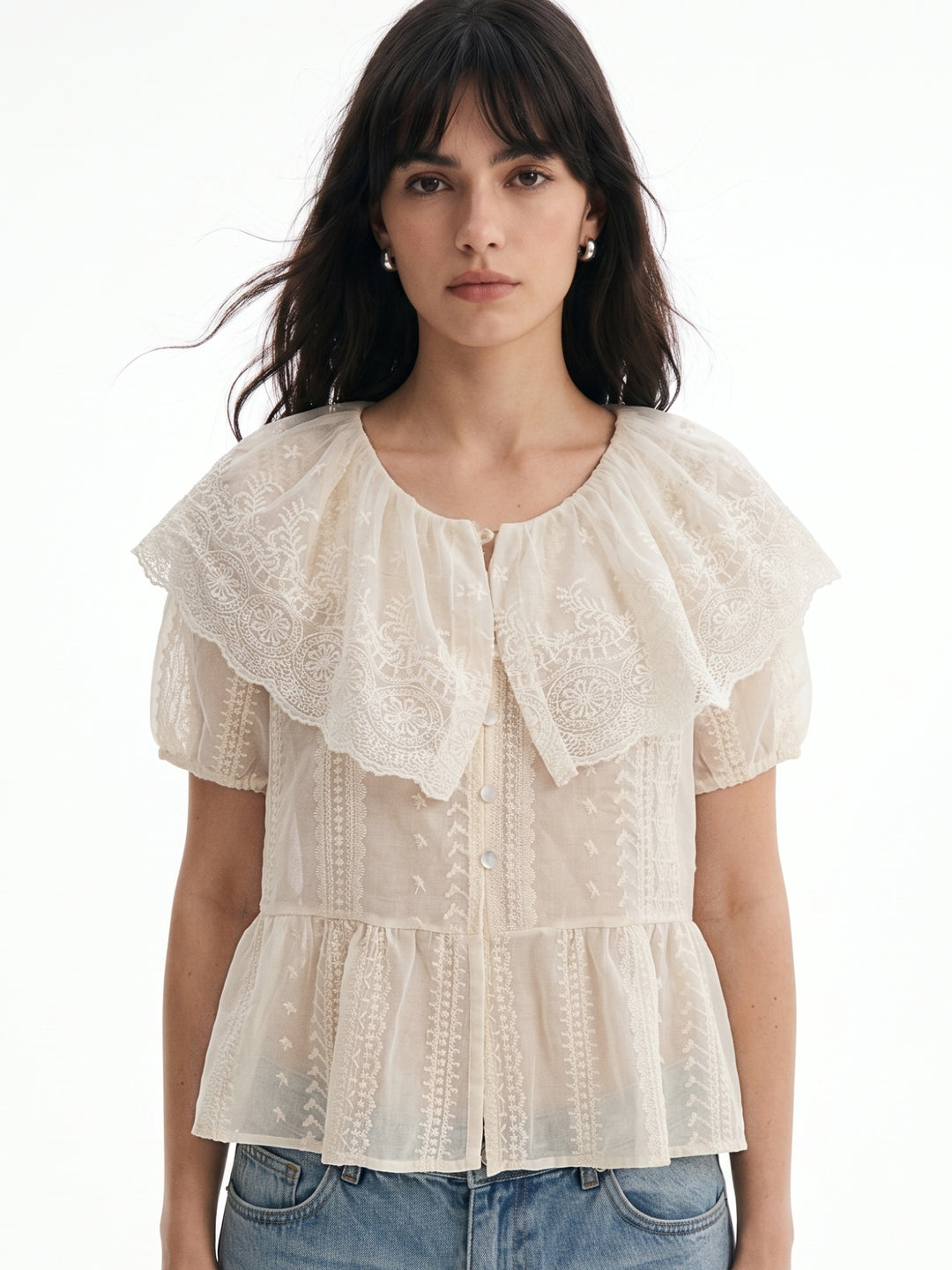 Off White Scallop Edge Lace Detail Top