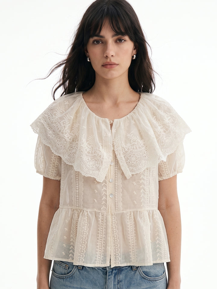 Off White Scallop Edge Lace Detail Top