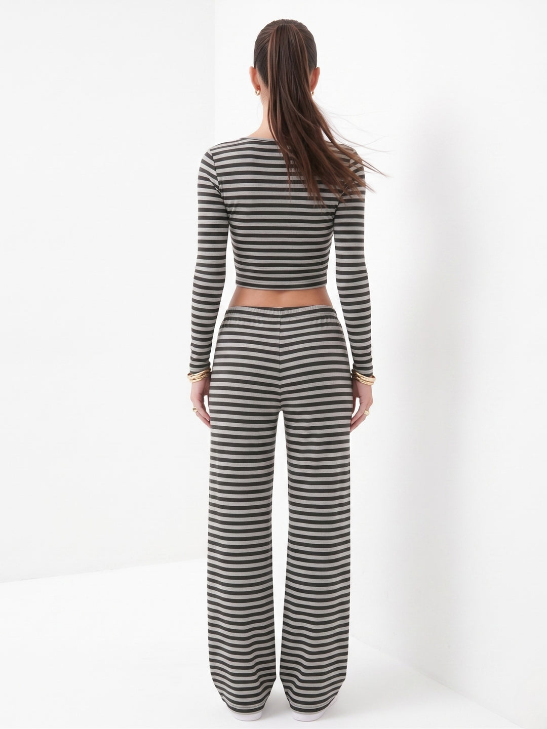 Black Full Sleeve Striped Top And Bottom Set
