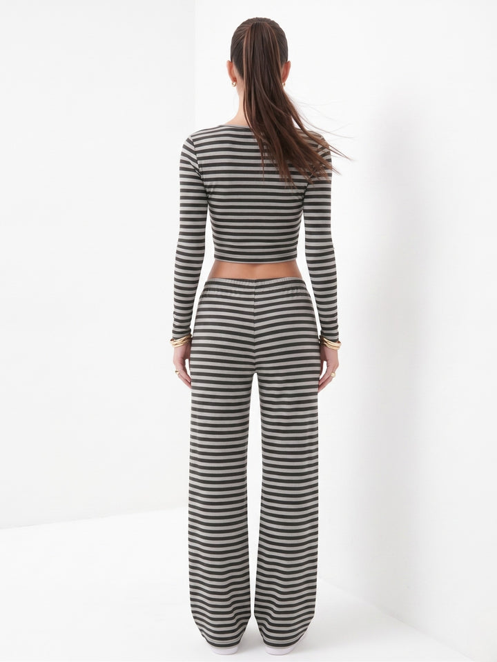 Black Full Sleeve Striped Top And Bottom Set