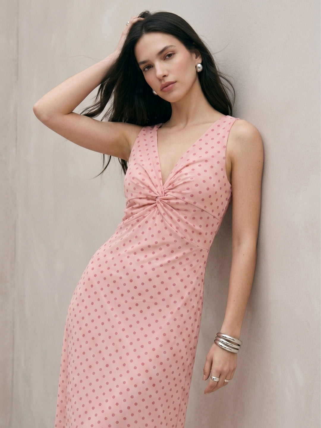 Pink Front Twisted Mesh Polka Printed Dress
