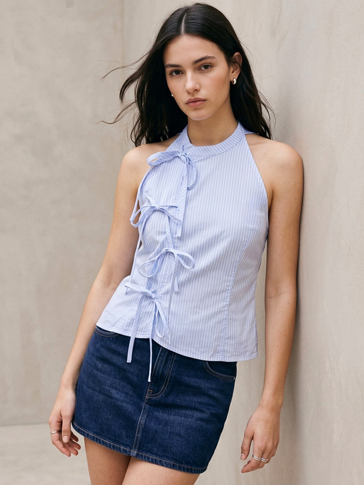 Blue Striped Halter Neck Side Tie Asymmetric Blouse