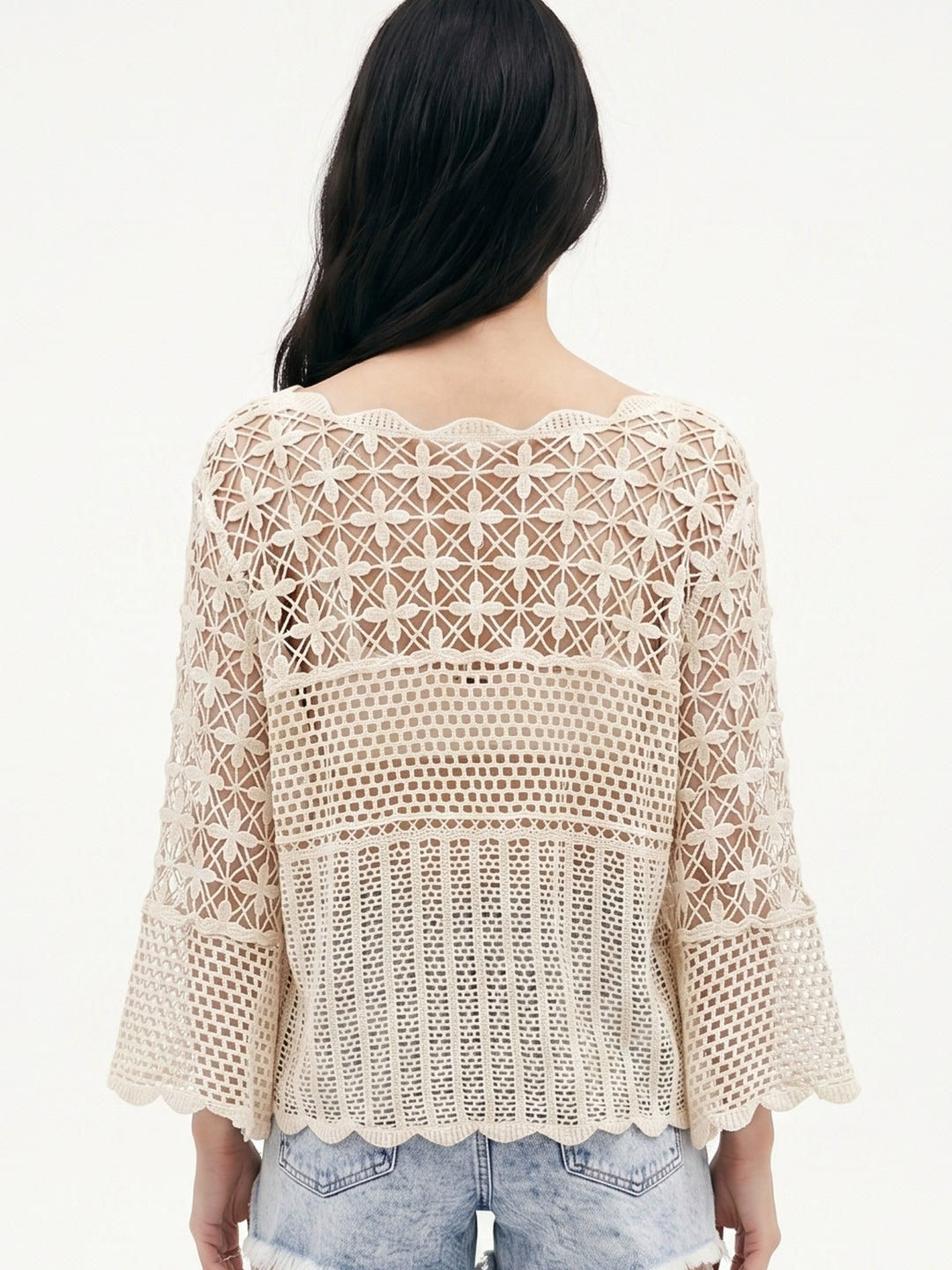 Cream Bell Sleeve Crochet Cover-Up